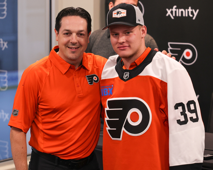 Flyers' Daniel Briere and Matvei Michkov (Heather Cattai/Heather Barry Images, LLC)