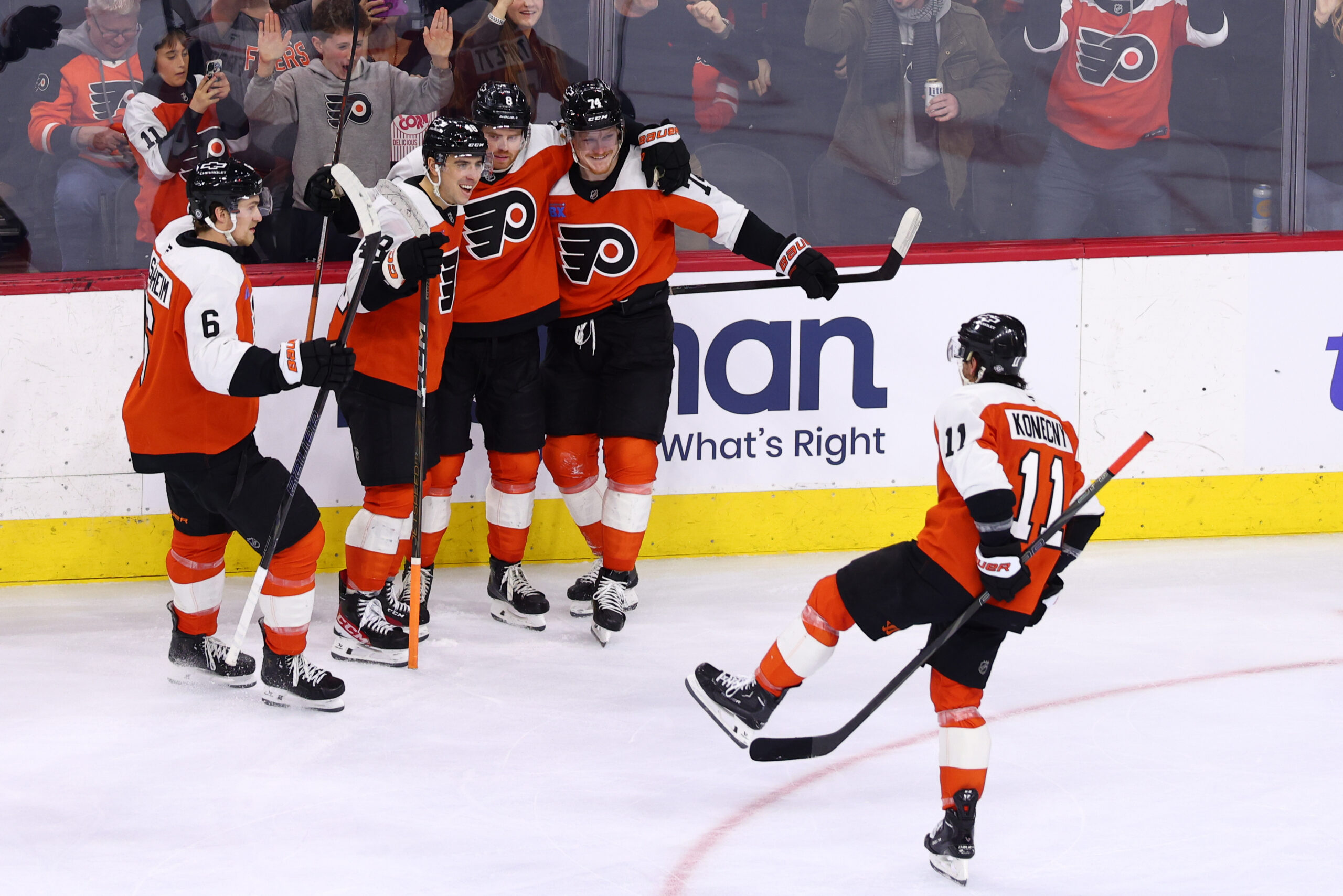 Philadelphia Flyers' Morgan Frost, Travis Konecny, Owen Tippett, Travis Sanheim, and Cam York celebrate game-winning goal vs. Anaheim Ducks (Heather Cattai/Heather Barry Images, LLC)