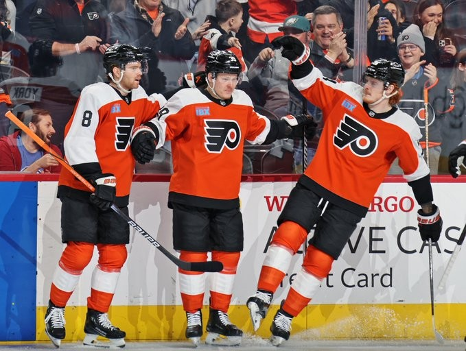 Philadelphia Flyers' Cam York, Matvei Michkov, and Owen Tippett celebrate vs. Edmonton Oilers (Philadelphia Flyers/X)