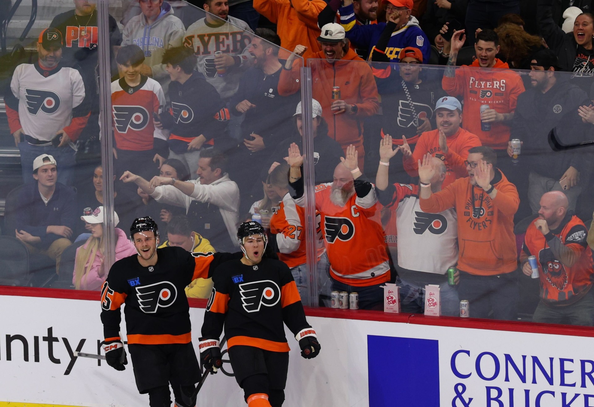 Philadelphia Flyers' Bobby Brink and Olle Lycksell (Heather Cattai/Heather Barry Images, LLC)